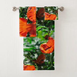 Stylized Garden Red Orange Poppy Flowers Bath Towel Set