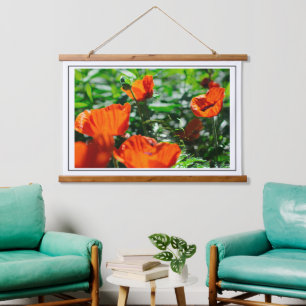 Stylized Garden Red Orange Poppy Flowers Hanging Tapestry