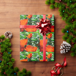 Stylized Garden Red Orange Poppy Flowers Wrapping Paper