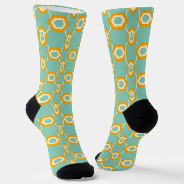 Stylized geometric pattern in bold orange hexagon socks (Angled)