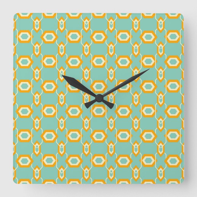 Stylized geometric pattern in bold orange hexagon square wall clock (Front)