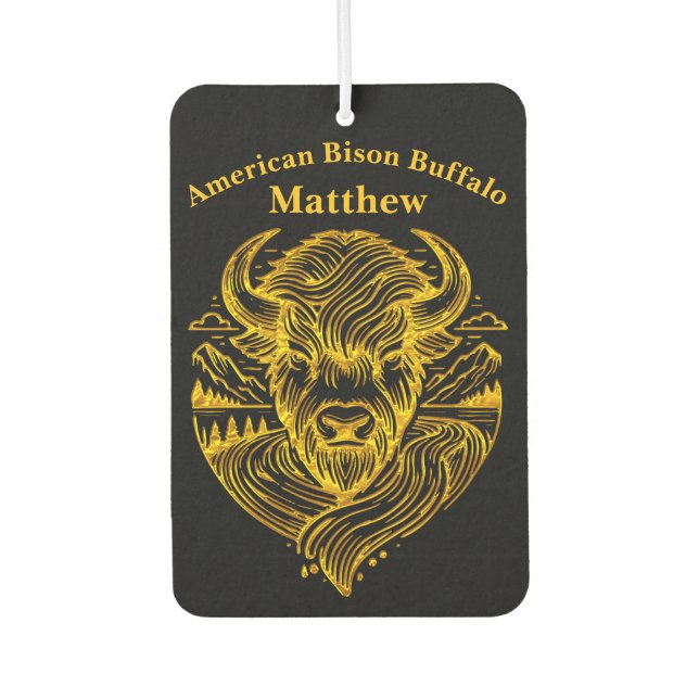 Stylized Gold Bison Illustration in Nature Setting Air Freshener (Front)
