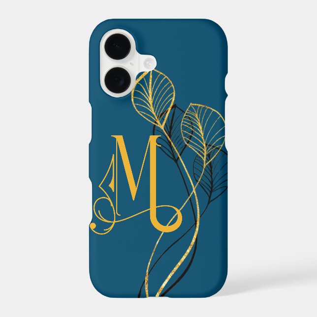 Stylized Gold & Black Floral Monogram M on Blue (Back)