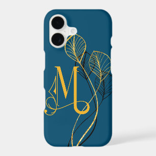 Stylized Gold & Black Floral Monogram M on Blue