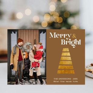 Stylized Gold Christmas Tree Family Photo Beige Holiday Card