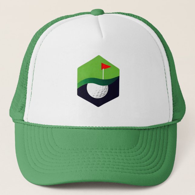 Stylized Golf Ball Icon with Green Background Trucker Hat (Front)
