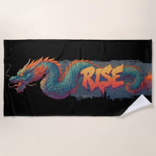 Stylized Graffiti Dragon Mural with Bold 'RISE' Beach Towel