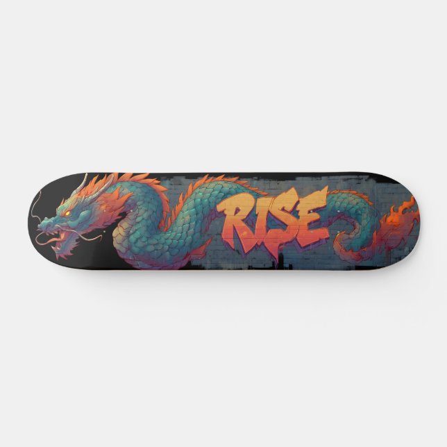 Stylized Graffiti Dragon Mural with Bold 'RISE'  Skateboard (Horz)