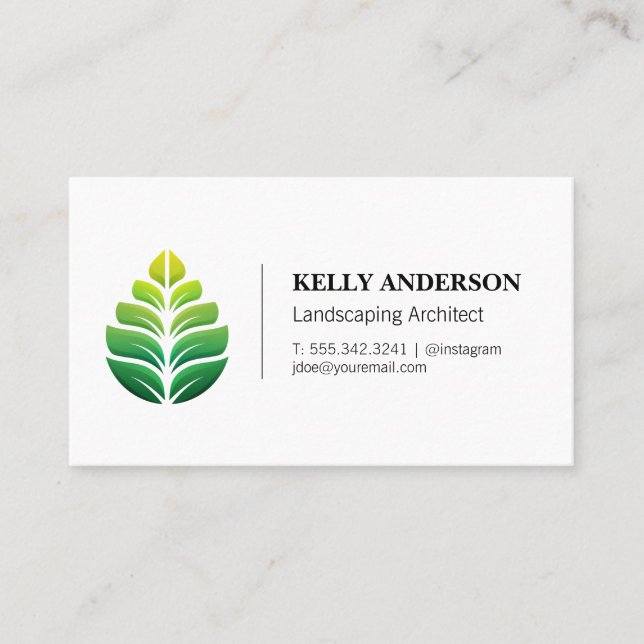 Stylized Green Leaf Logo | Landscape Business Card (Front)