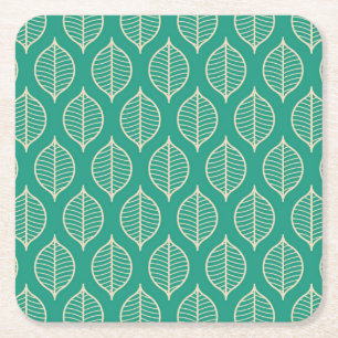 Stylized Green Leaf Pattern Square Paper Coaster