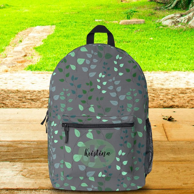 Stylized Green Leaves on Grey Name Monogram Printed Backpack (Creator Uploaded)