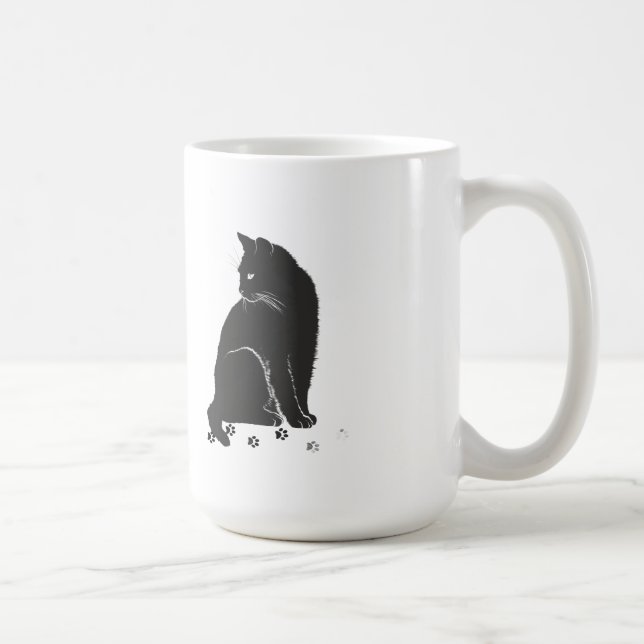 Stylized Grey Cat and Paw Prints Long-Sleeve Shirt Coffee Mug (Right)