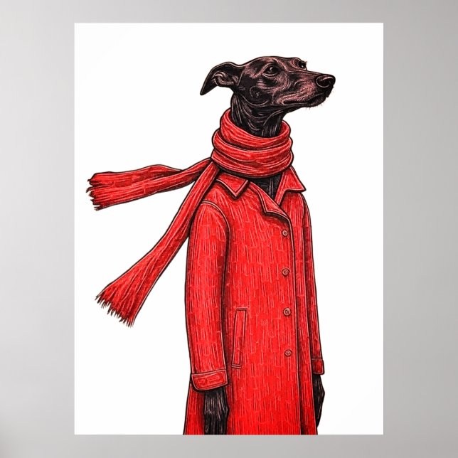 Stylized Greyhound Drawing with Red Vintage Coat Poster (Front)