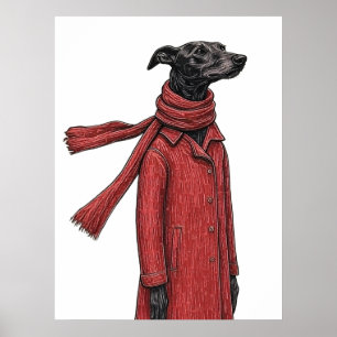 Stylized Greyhound Drawing with Red Vintage Coat Poster