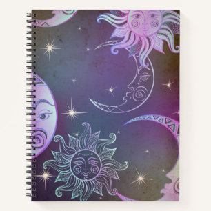 Stylized hand drawn sun moon faces stars purple  notebook