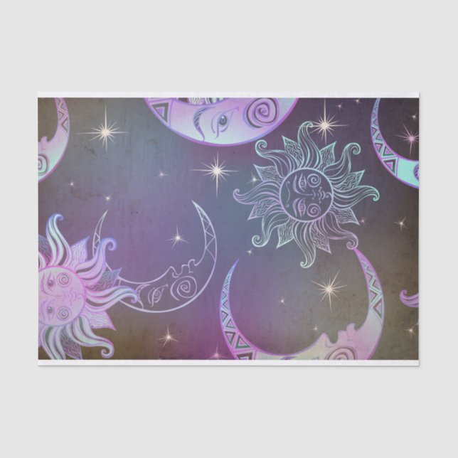 Stylized hand drawn sun moon faces stars purple tissue paper (Front)