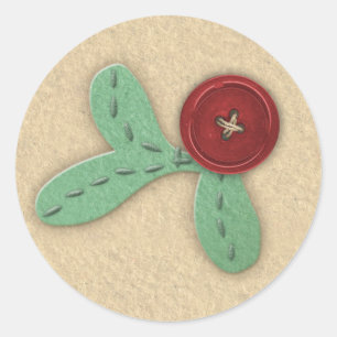 Stylized Holly Sprig Faux Felt & Embroidery Classic Round Sticker