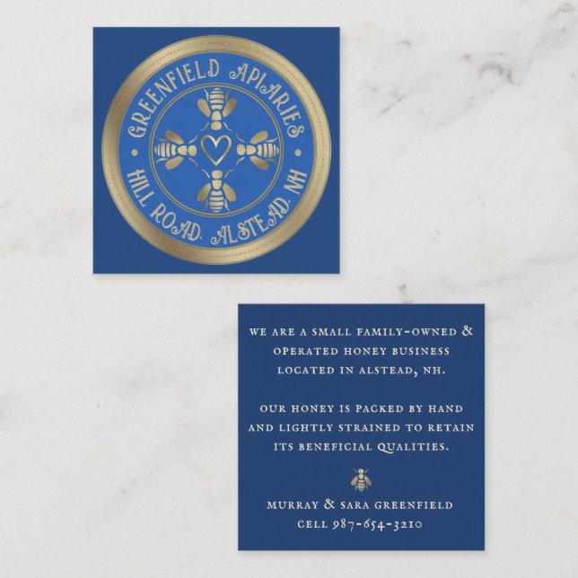 Stylized Honeybee Design Royal Blue with Gold Square Business Card (Front/Back)