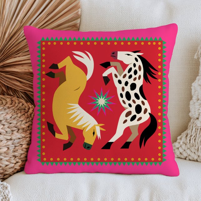 Stylized Horses on Red Modern Bold Maximalist  Throw Pillow (Creator Uploaded)