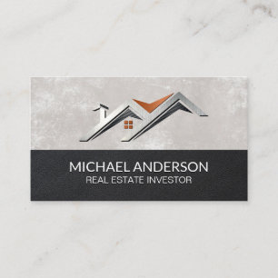 Stylized House Roof Logo    Leather Texture Business Card