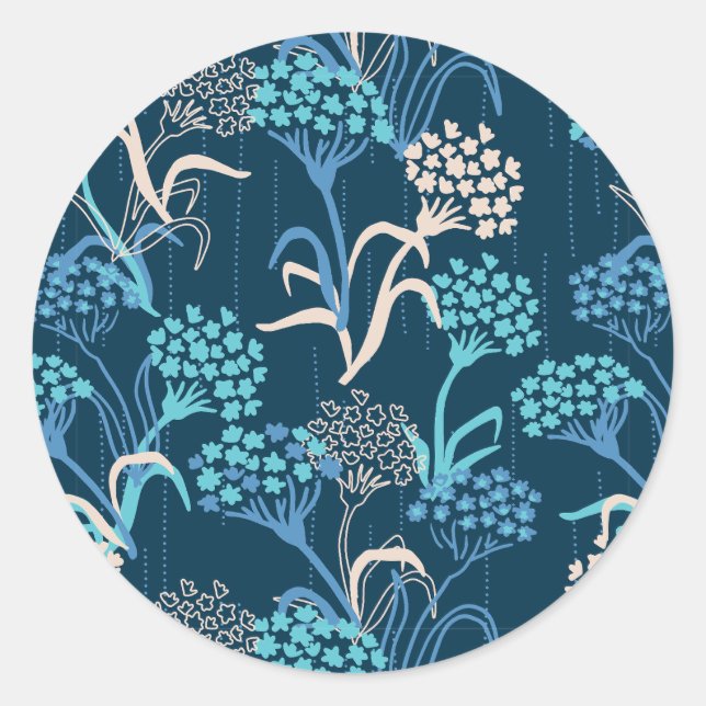Stylized Hydrangea Floral Pattern - Elegant Blue Classic Round Sticker (Front)