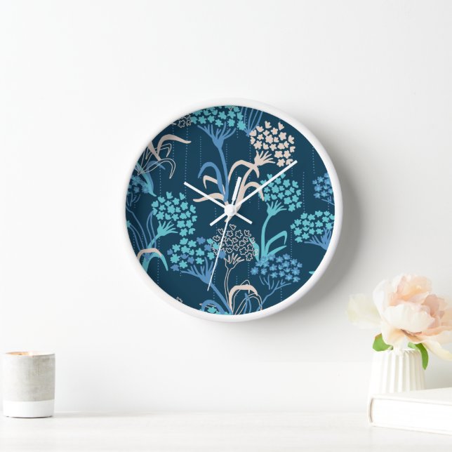 Stylized Hydrangea Floral Pattern - Elegant Blue Clock (Home)