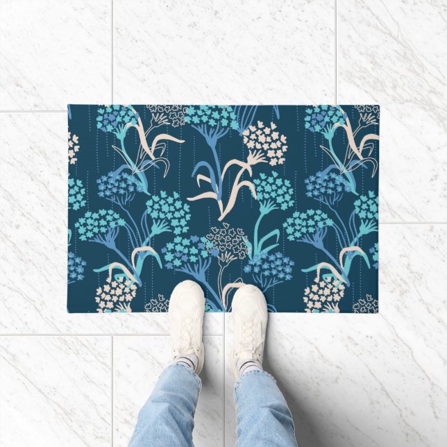 Stylized Hydrangea Floral Pattern - Elegant Blue Doormat (Indoor)