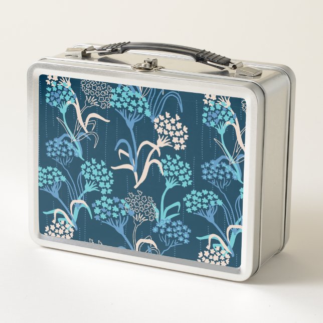 Stylized Hydrangea Floral Pattern - Elegant Blue Metal Lunch Box (Front)