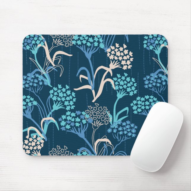 Stylized Hydrangea Floral Pattern - Elegant Blue Mouse Pad (With Mouse)
