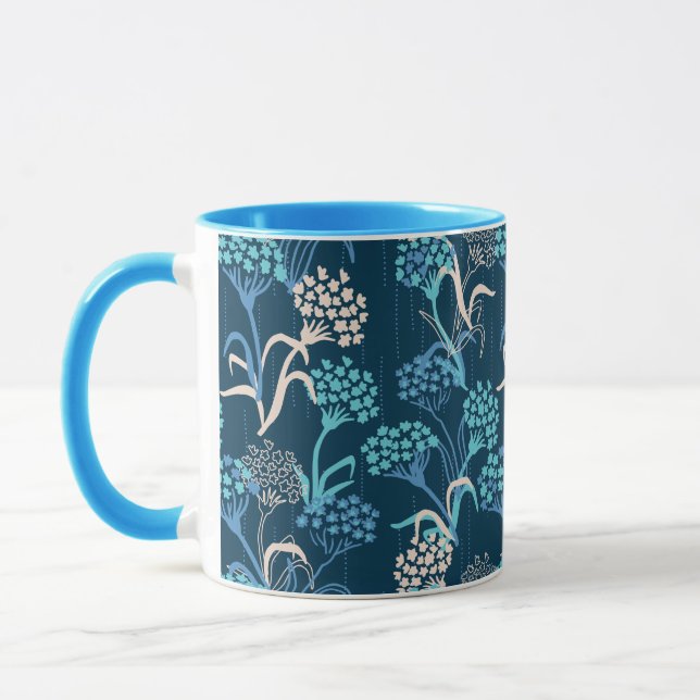 Stylized Hydrangea Floral Pattern - Elegant Blue Mug (Left)