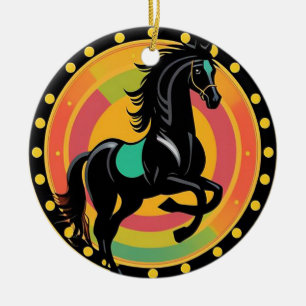 Stylized Illustration of a Black Horse Ceramic Ornament
