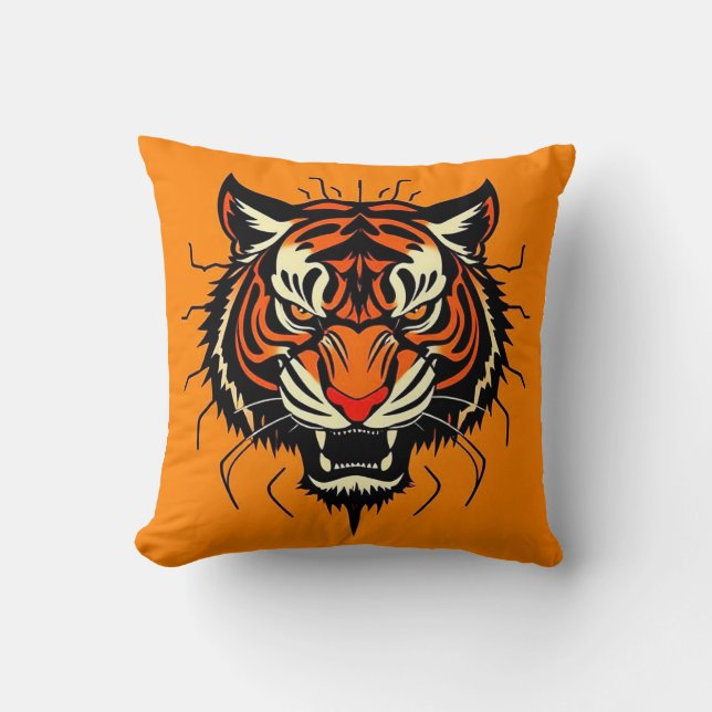 Stylized illustration of a tiger's head throw pillow (Front)