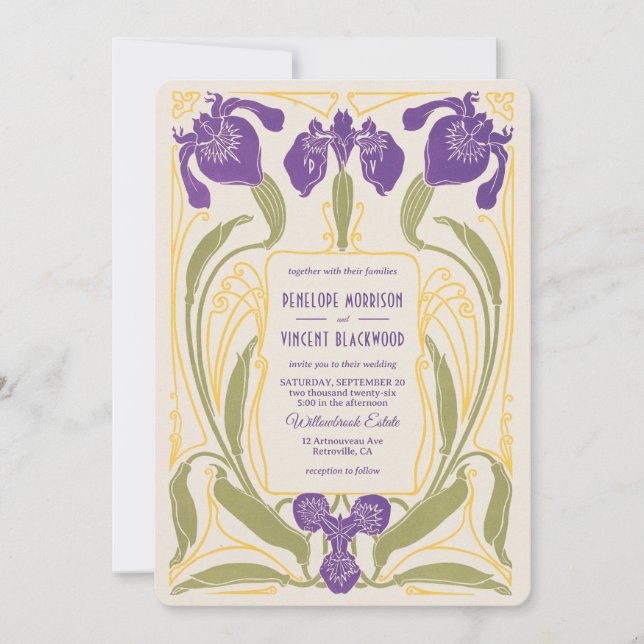 Stylized Iris Art Nouveau Wedding Invitation (Front)