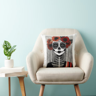 Stylized La Catrina Pillow: Black, Red, and White  Throw Pillow