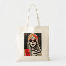 Stylized La Catrina Tote Bag in Red, Black & White