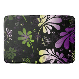 Stylized leaves and flowers on black background  bath mat