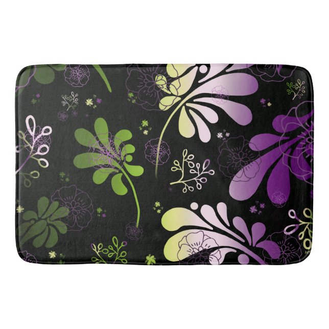 Stylized leaves and flowers on black background  bath mat (Front)
