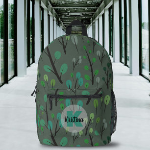 Stylized Leaves Pattern on Grey Name and Monogram Printed Backpack