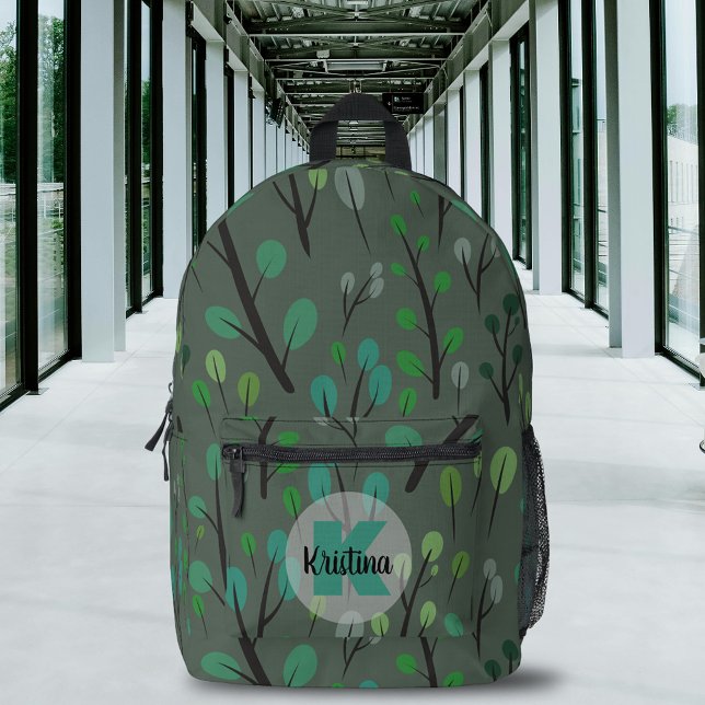 Stylized Leaves Pattern on Grey Name and Monogram Printed Backpack (Creator Uploaded)
