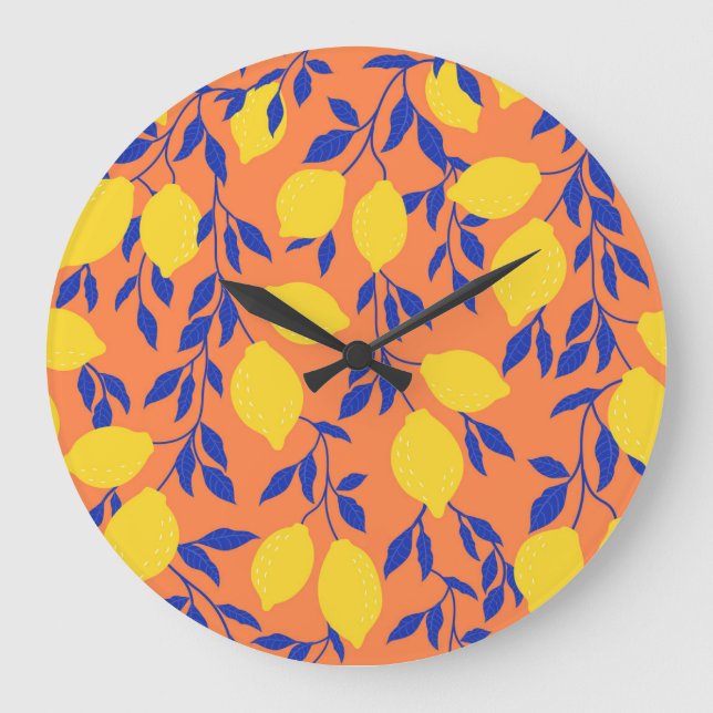 Stylized Lemons Vintage Tropical Pattern Large Clock (Front)