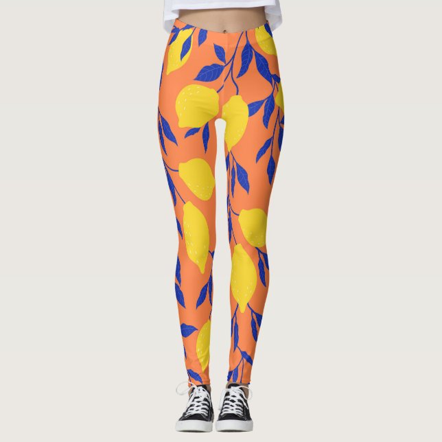 Stylized Lemons Vintage Tropical Pattern Leggings (Front)