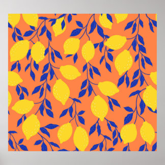Stylized Lemons Vintage Tropical Pattern Poster