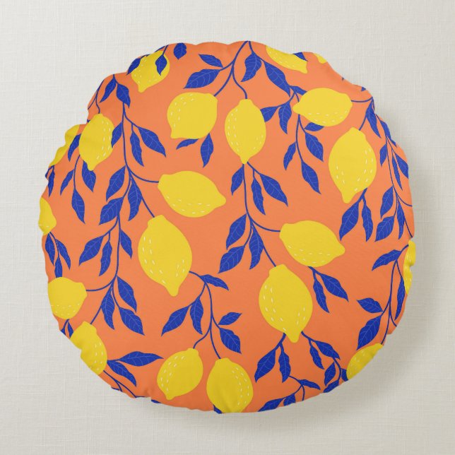 Stylized Lemons Vintage Tropical Pattern Round Pillow (Front)