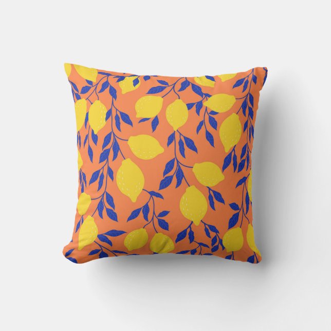 Stylized Lemons Vintage Tropical Pattern Throw Pillow (Front)