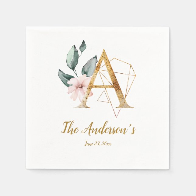 Stylized Letter A Floral Wedding Napkins (Front)