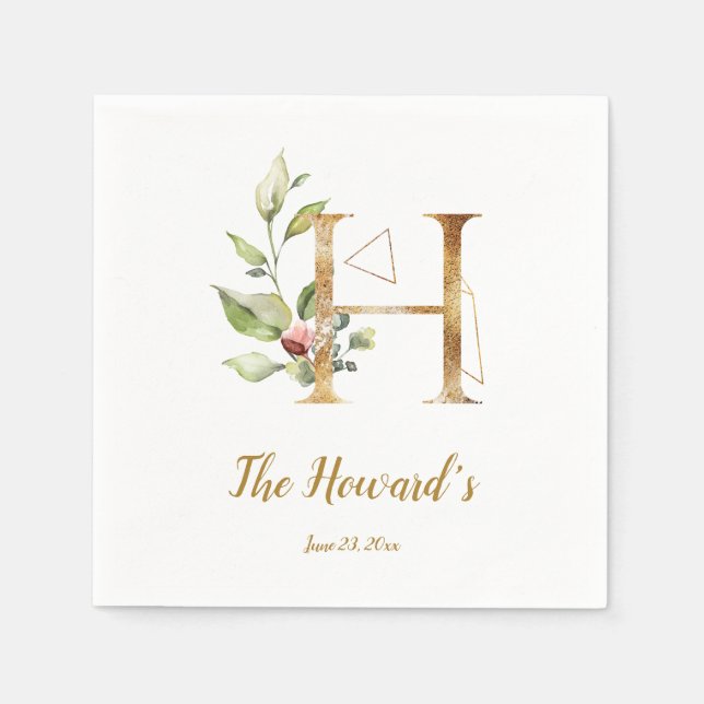 Stylized Letter H Floral Wedding Napkins (Front)