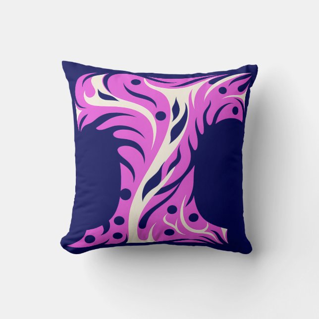 Stylized Letter T with Abstract Floral Design Throw Pillow (Front)