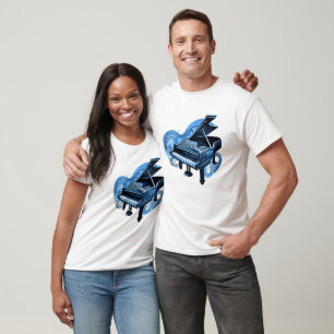 Stylized Line Art Blue Piano T-Shirt