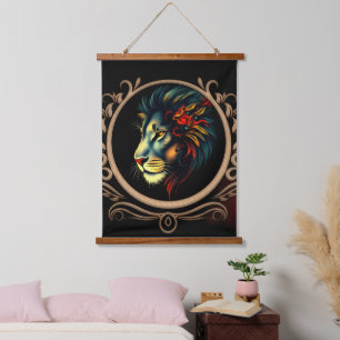 Stylized Lion Head Portrait in Mandala Frame Hanging Tapestry