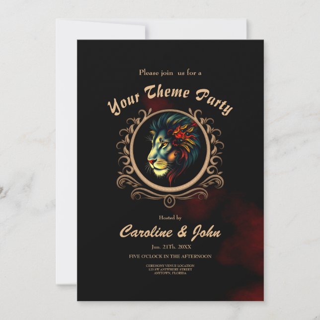 Stylized Lion Head Portrait in Mandala Frame  Invitation (Front)